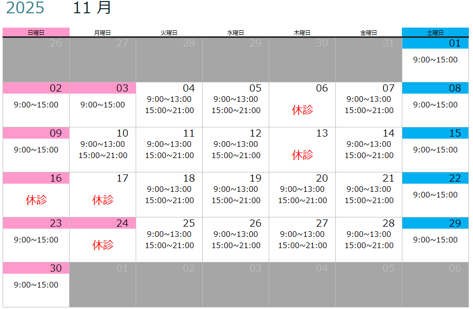 京成松戸線くぬぎ山駅、北総線大町駅から徒歩圏内の松戸市串崎新田のあき接骨院の2025年11月の診療スケジュールの写真